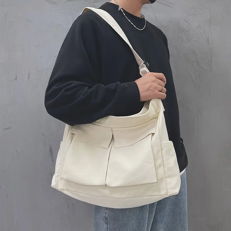 Ins Canvas Crossbody Bag for Men Women Large Capacity Tan - Image 6