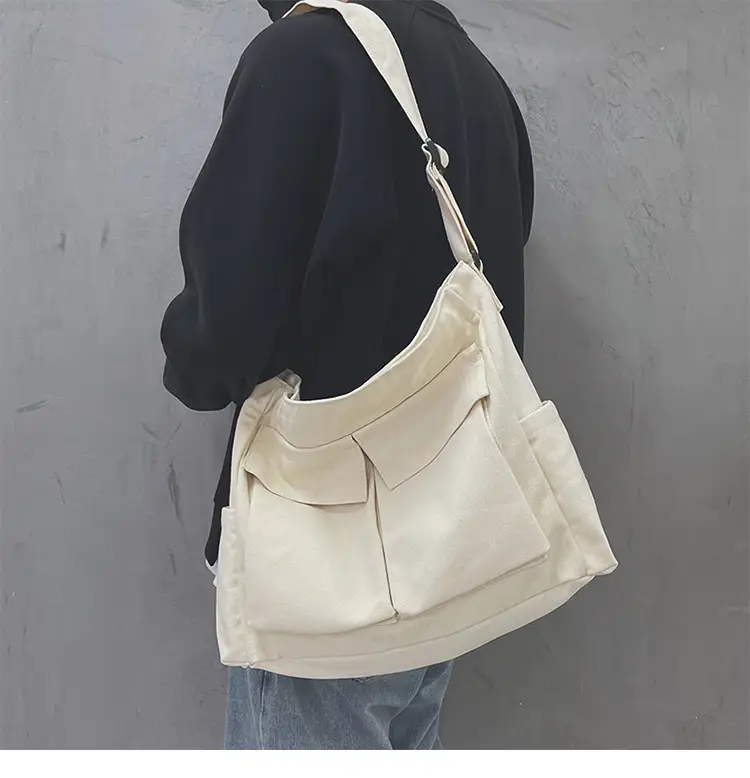 Ins Canvas Crossbody Bag for Men Women Large Capacity Tan — feature 11