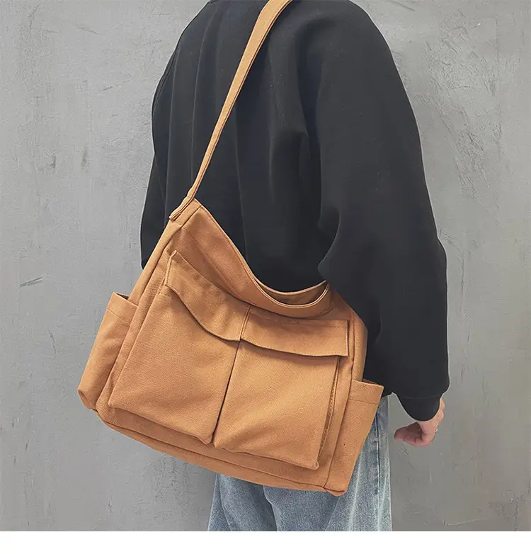 Ins Canvas Crossbody Bag for Men Women Large Capacity Tan — feature 6