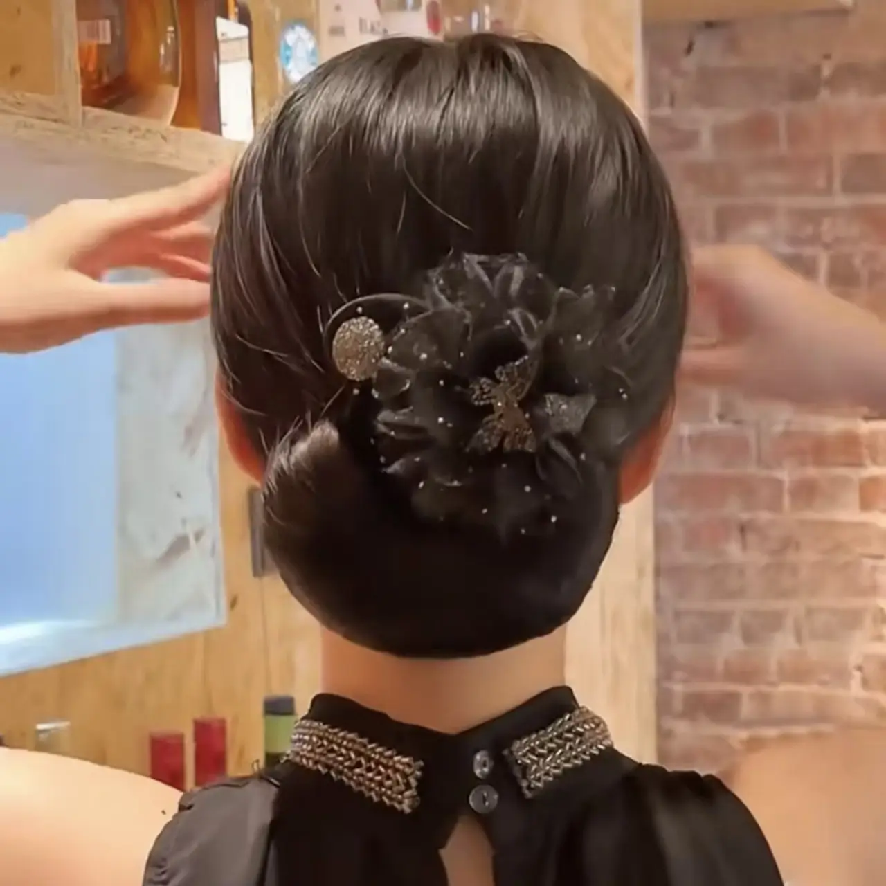 Black Butterfly Hair Styling Tool with Pearl Flower Design