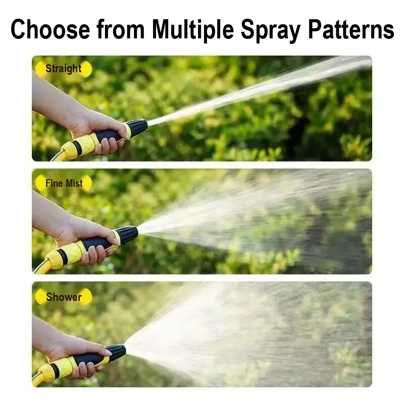 Three nozzle spray patterns shown: straight stream, fine mist and broad spray.