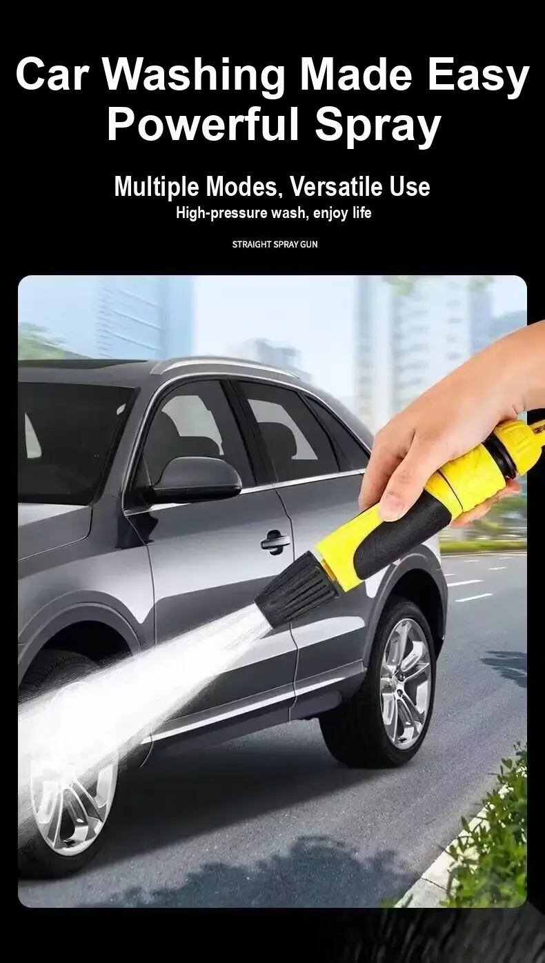 Nozzle spraying water onto a car; Chinese text presents car washing as an example use.