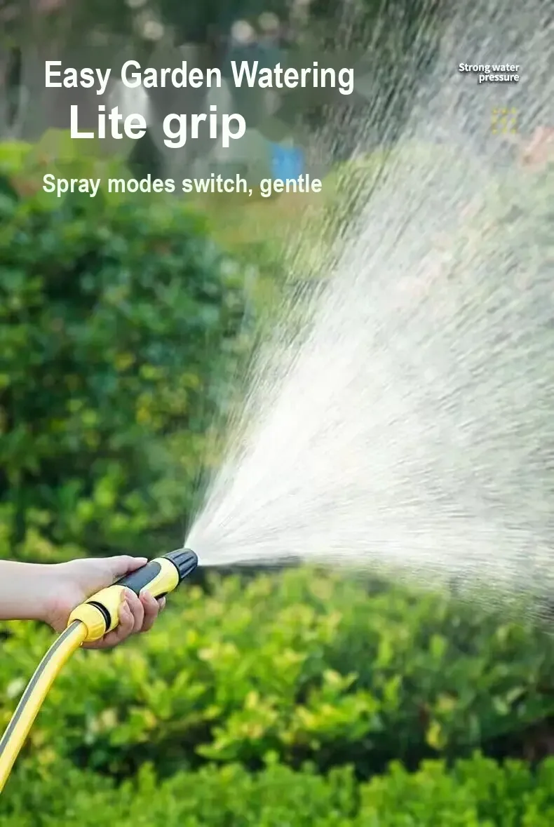 Nozzle spraying plants in a garden; Chinese text describes watering.