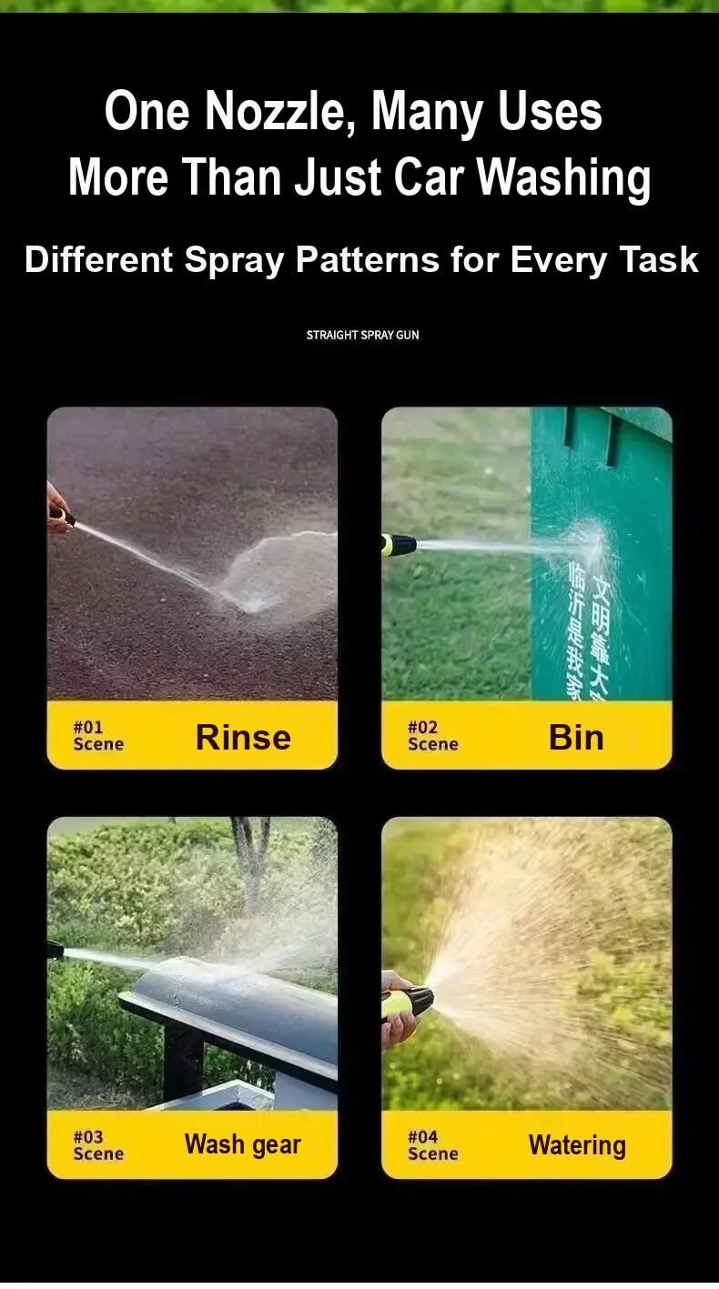 Examples of spraying a ground surface and a rubbish bin, with further scenes continuing below.