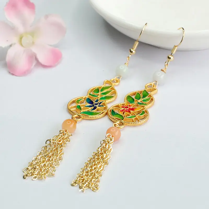 Guan Yu Jade Earrings with Enamel Gourd Hooks - Image 3