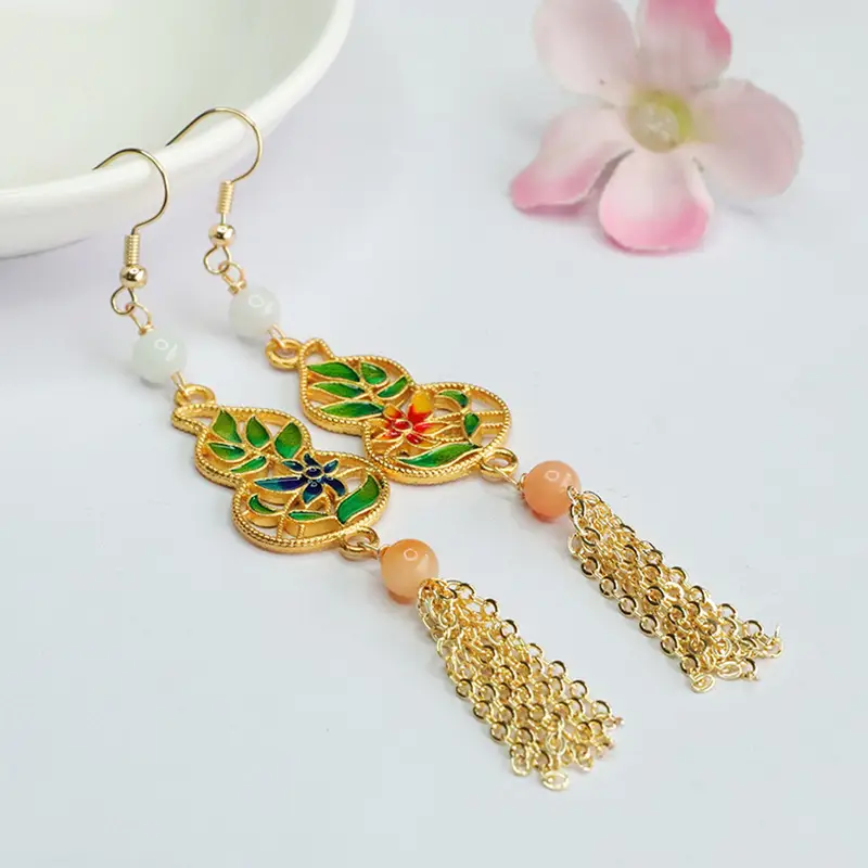 Guan Yu Jade Earrings with Enamel Gourd Hooks - Image 4