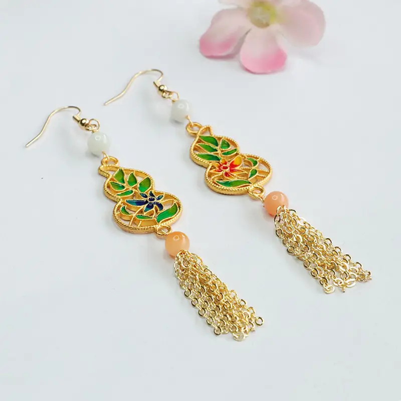Guan Yu Jade Earrings with Enamel Gourd Hooks - Image 5