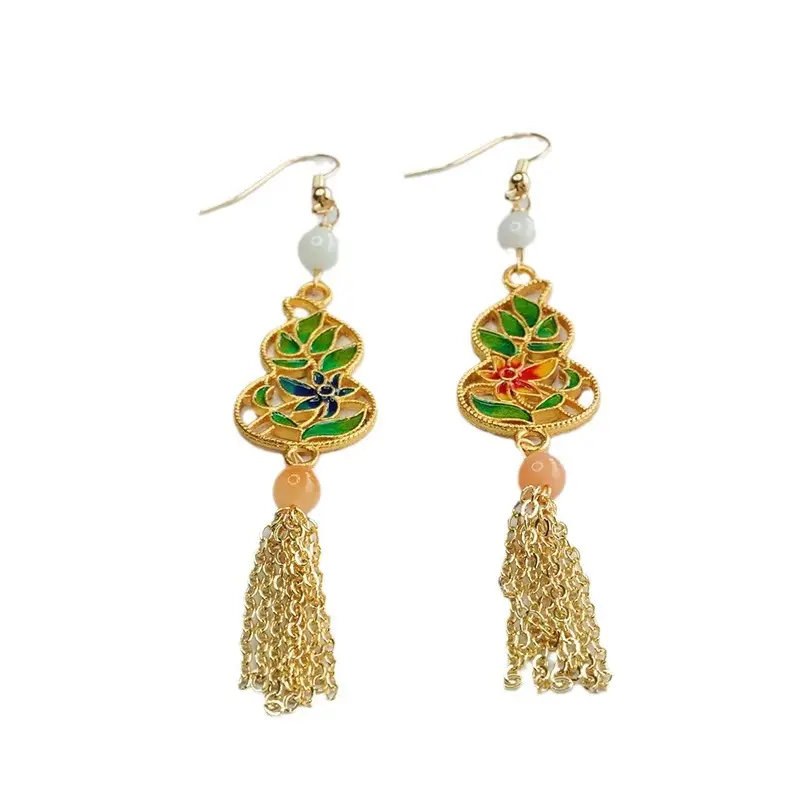 Guan Yu Jade Earrings with Enamel Gourd Hooks - Image 6
