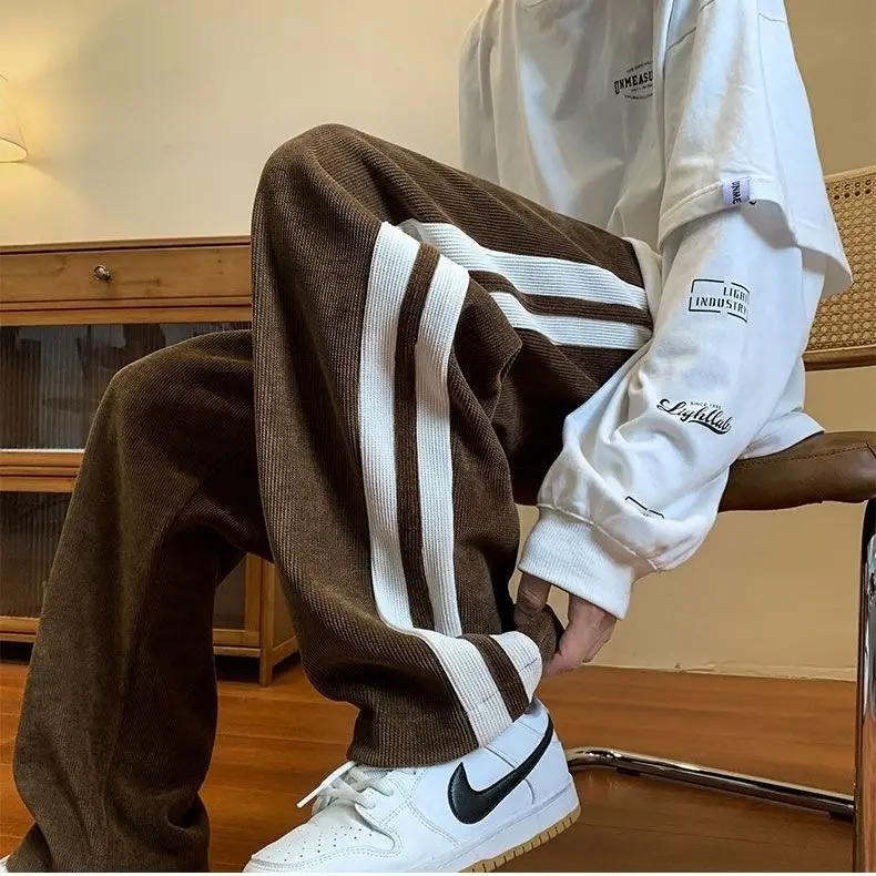 Men Autumn Corduroy Striped Pants Brown White - Image 5