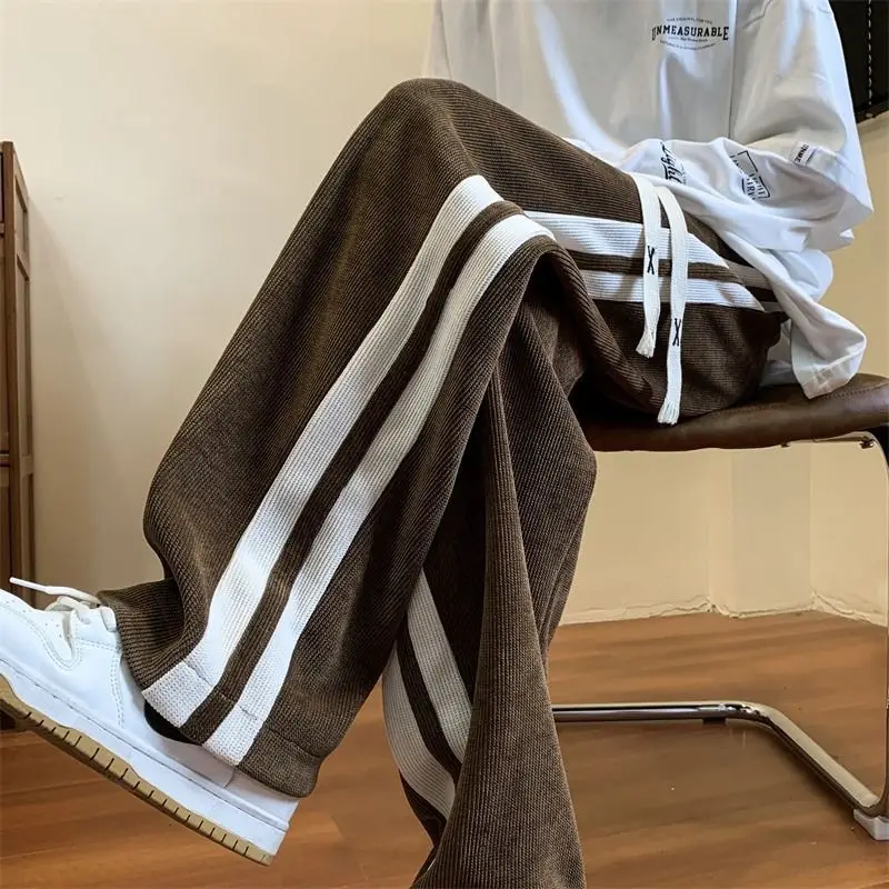 Men Autumn Corduroy Striped Pants Brown White - Image 3