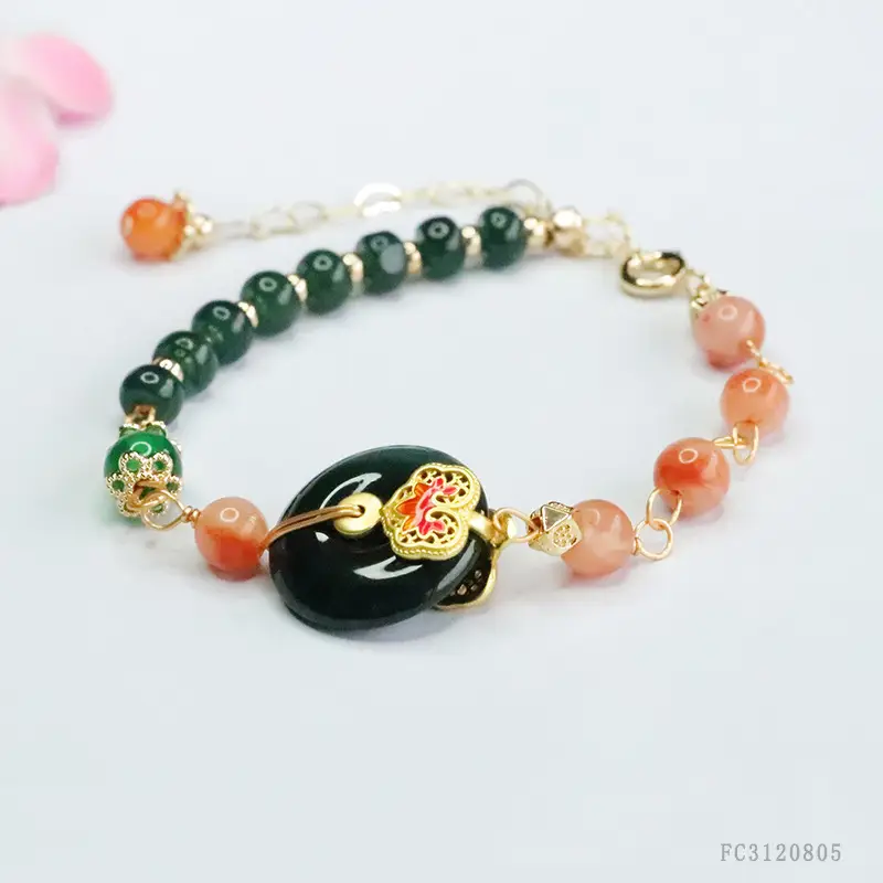 Guan Yu Jadeite Blue Bracelet with Pink & Orange Beads - Image 3