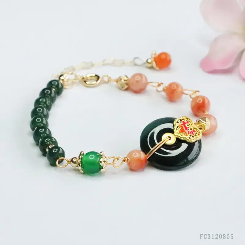 Guan Yu Jadeite Blue Bracelet with Pink & Orange Beads - Image 4