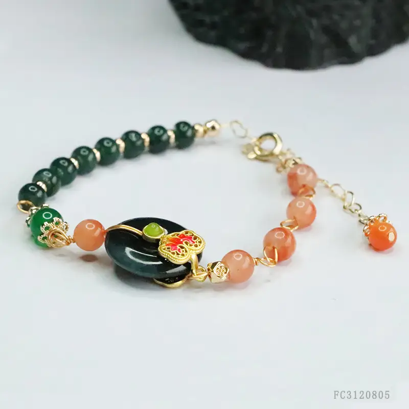 Guan Yu Jadeite Blue Bracelet with Pink & Orange Beads - Image 5