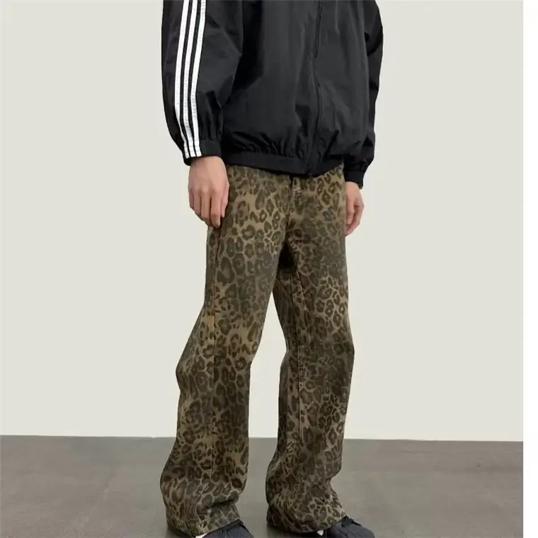 Men Leopard Print Wide Leg Pants Autumn Loose Fit
