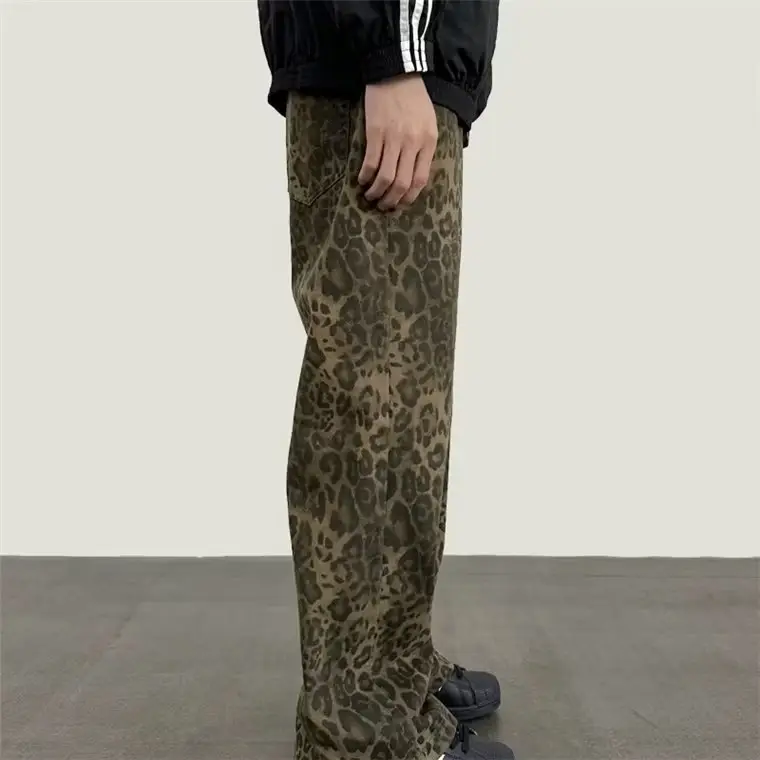 Men Leopard Print Wide Leg Pants Autumn Loose Fit