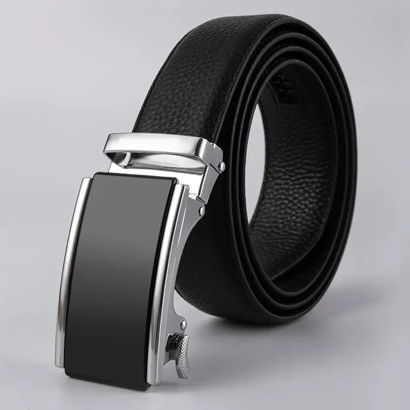 Men's Black Leather Belt with Logo Buckle - Image 6