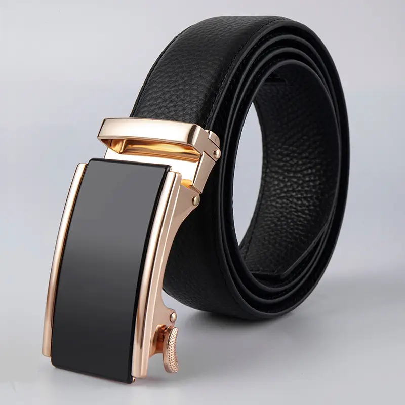 Men's Black Leather Belt with Logo Buckle - Image 2