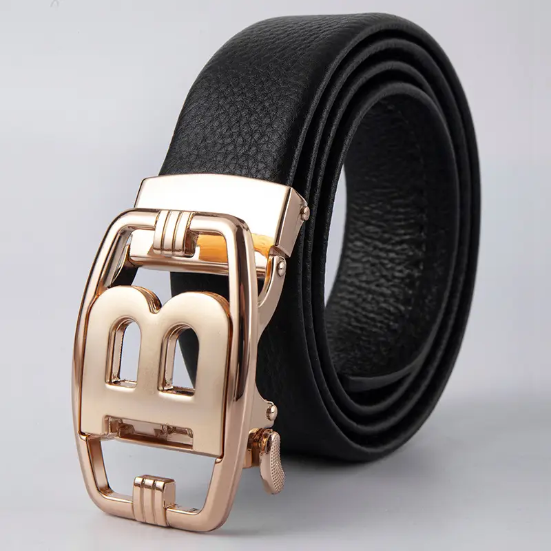 Men's Black Leather Belt with Logo Buckle - Image 3