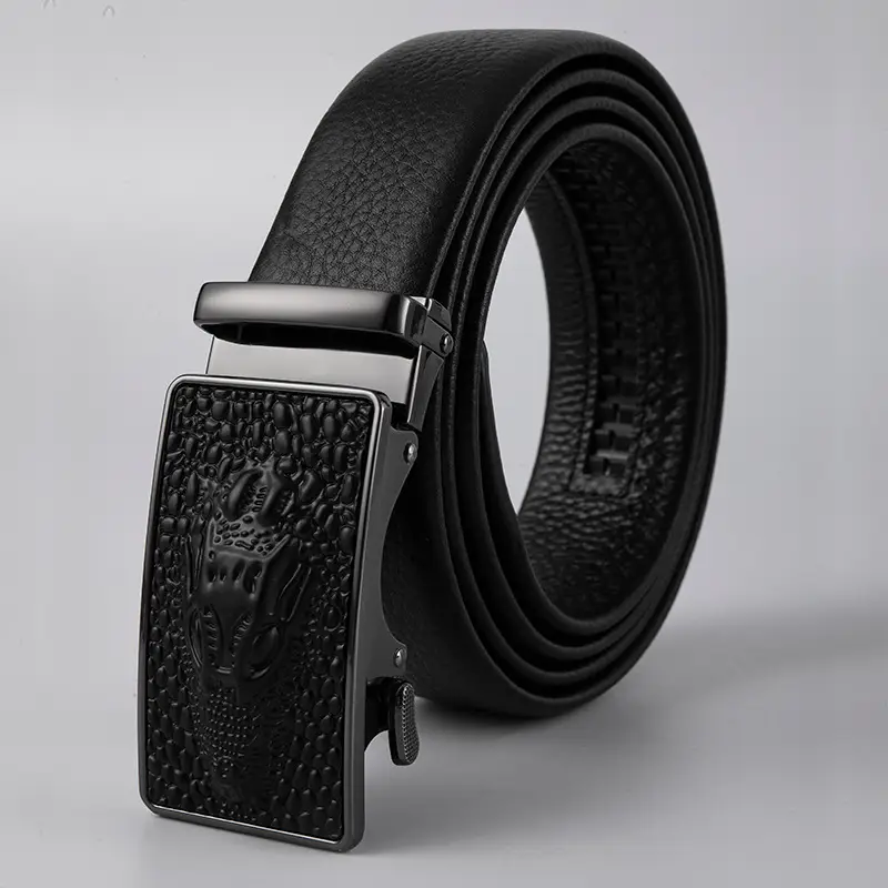 Men's Black Leather Belt with Logo Buckle - Image 4