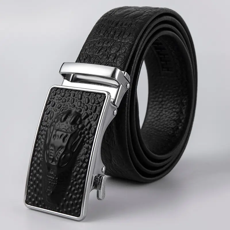 Men's Black Leather Belt with Logo Buckle - Image 5