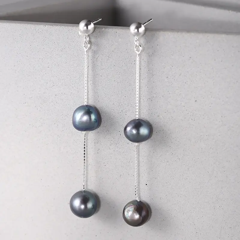 925 Sterling Silver Blue Black Pearl Tassel Earrings Women Elegant Fashion - Image 3