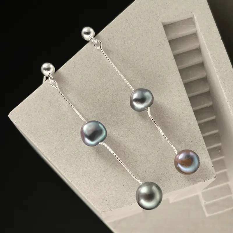 925 Sterling Silver Blue Black Pearl Tassel Earrings Women Elegant Fashion - Image 4