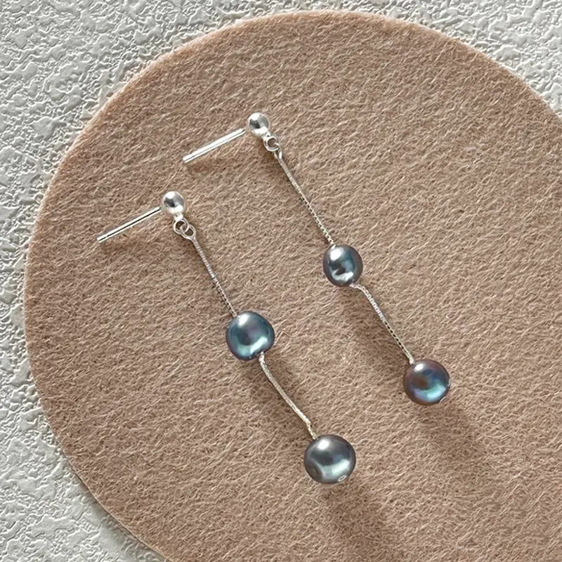 925 Sterling Silver Blue Black Pearl Tassel Earrings Women Elegant Fashion - Image 5