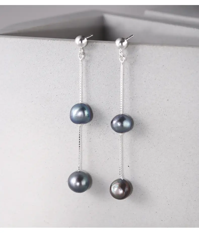 925 Sterling Silver Blue Black Pearl Tassel Earrings Women Elegant Fashion — feature 10