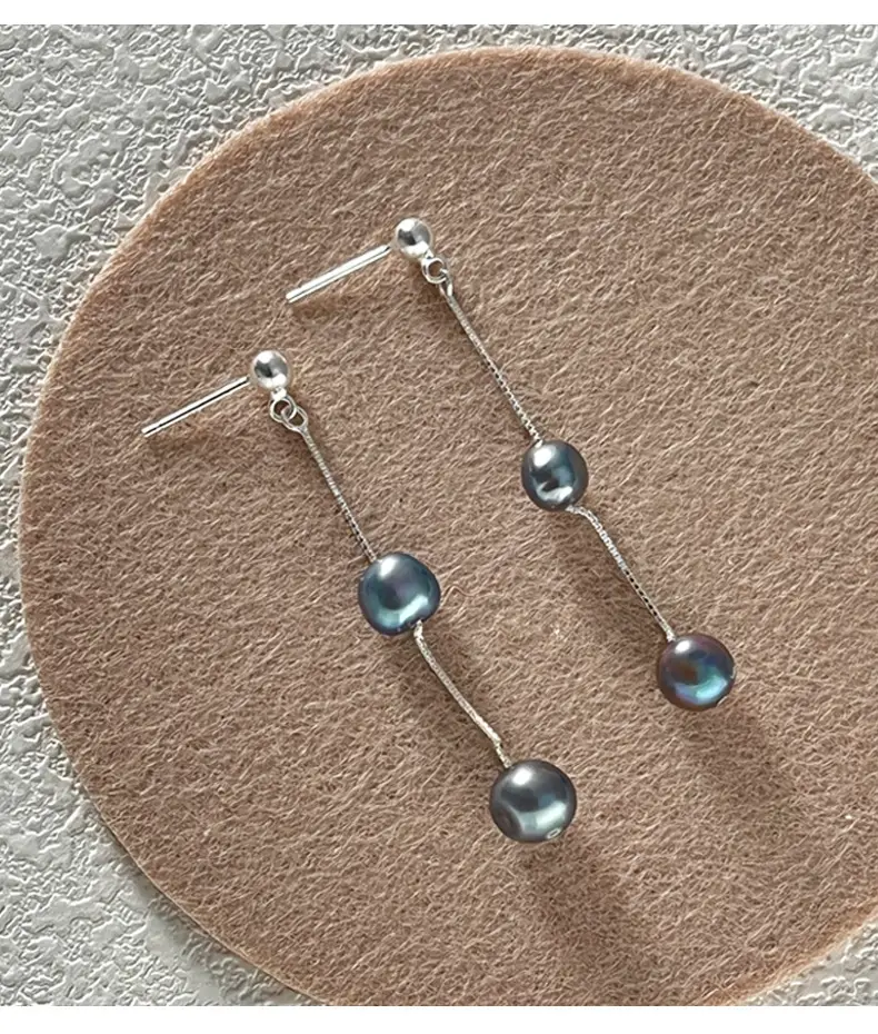 925 Sterling Silver Blue Black Pearl Tassel Earrings Women Elegant Fashion — feature 7