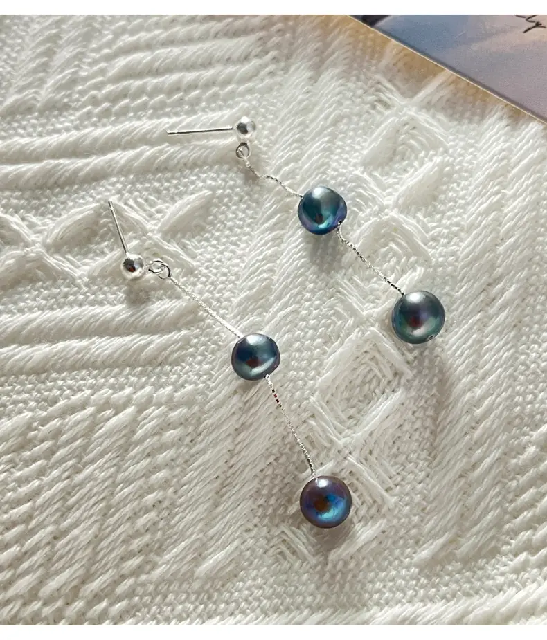 925 Sterling Silver Blue Black Pearl Tassel Earrings Women Elegant Fashion — feature 8