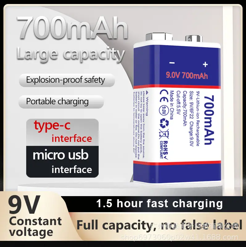 Cross-Border 9V Lithium Battery USB Rechargeable Battery Square-Shaped Full English Intercom Detector 6F22 Square Long-Lasting Battery