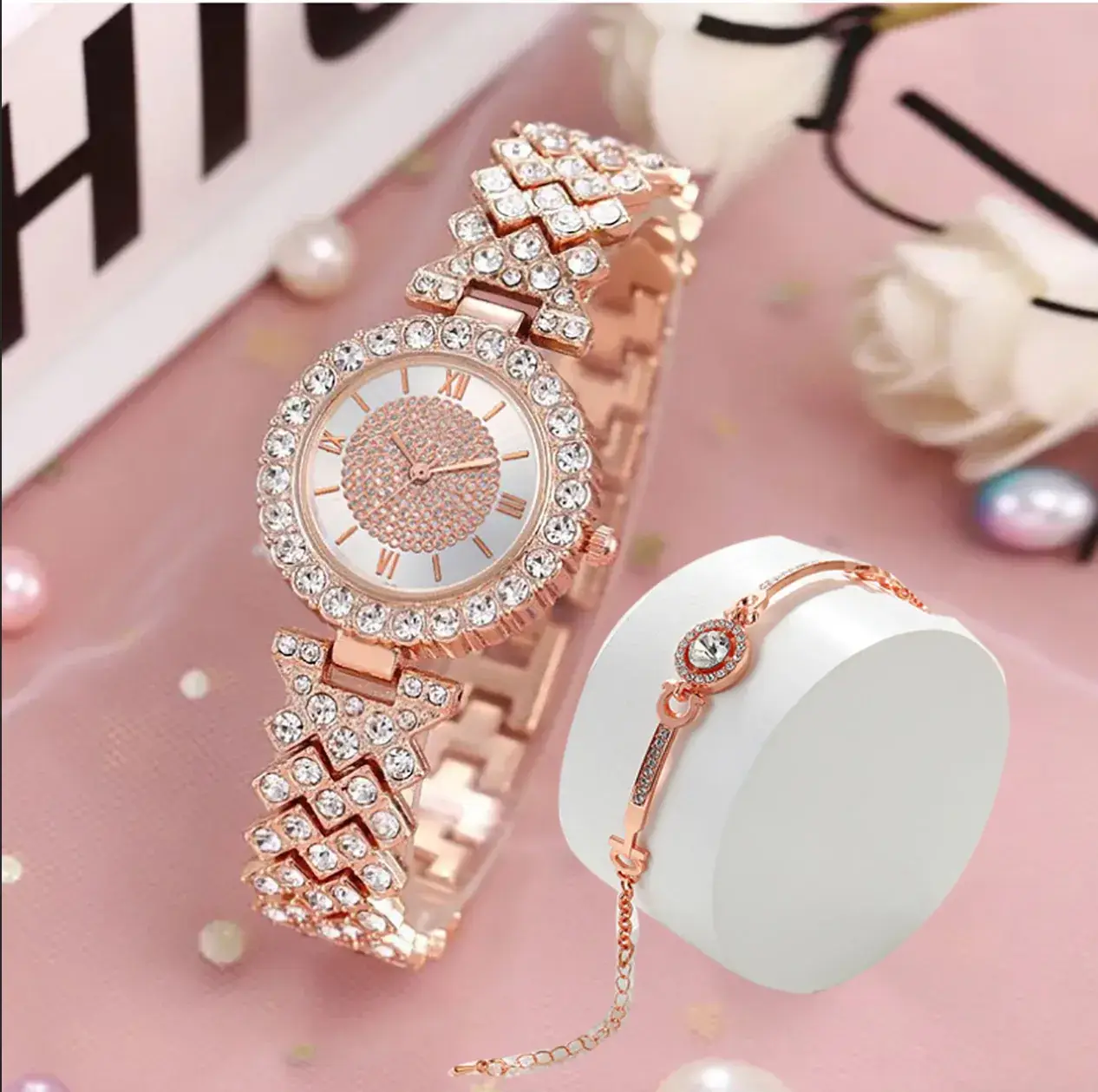 Roses Gold Cross Diamond Bracelet Set for Women