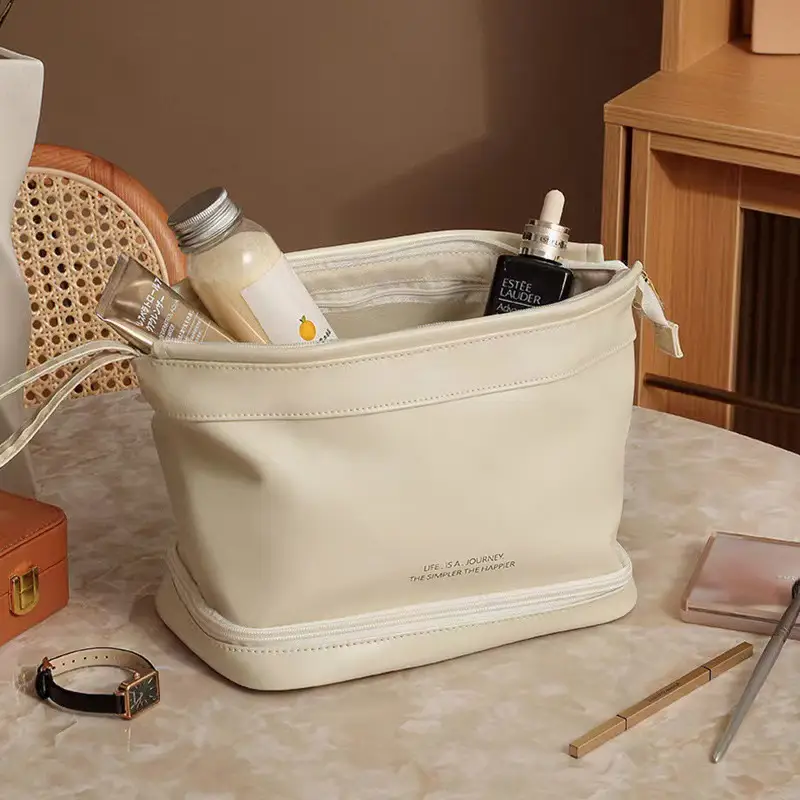Pu Double-Layer Makeup Bag Large Capacity Tan