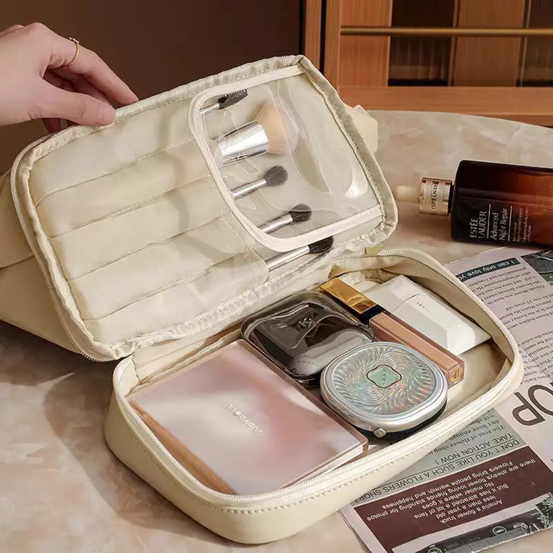 Pu Double-Layer Makeup Bag Large Capacity Tan