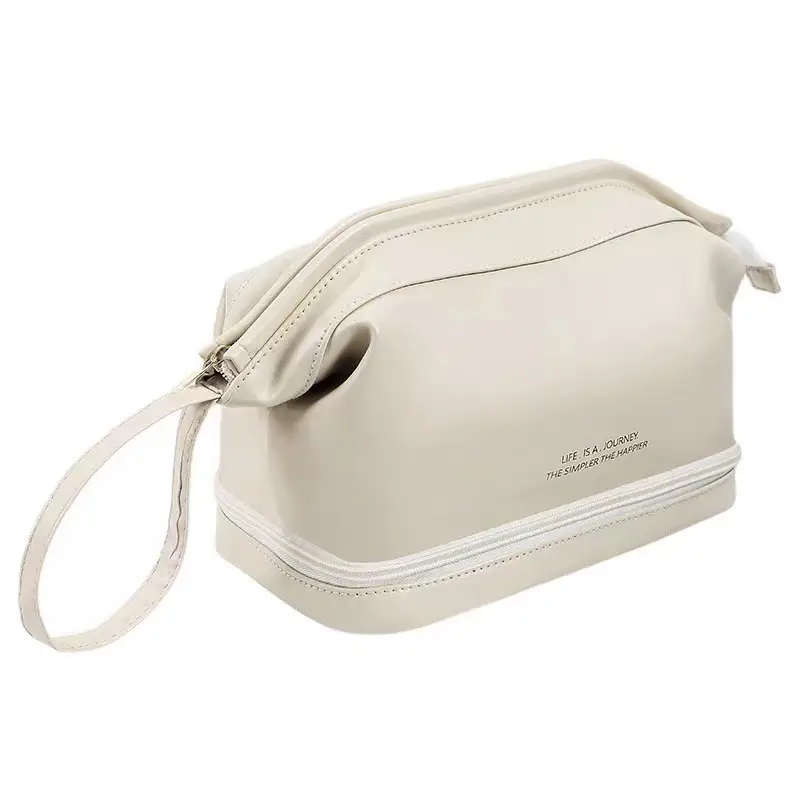 Pu Double-Layer Makeup Bag Large Capacity Tan