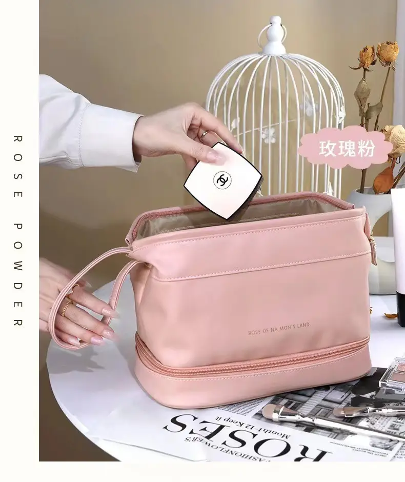Pu Double-Layer Makeup Bag Large Capacity Tan — feature 10