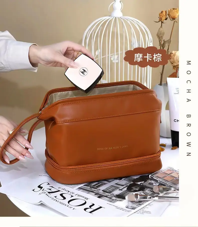 Pu Double-Layer Makeup Bag Large Capacity Tan — feature 11