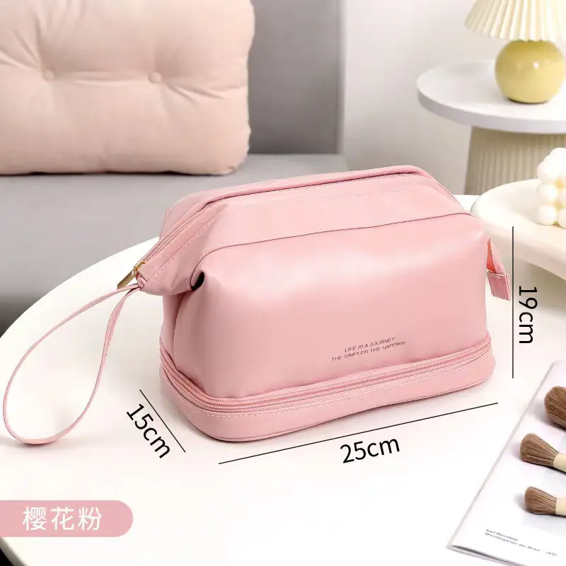 Pu Double-Layer Makeup Bag Large Capacity Tan