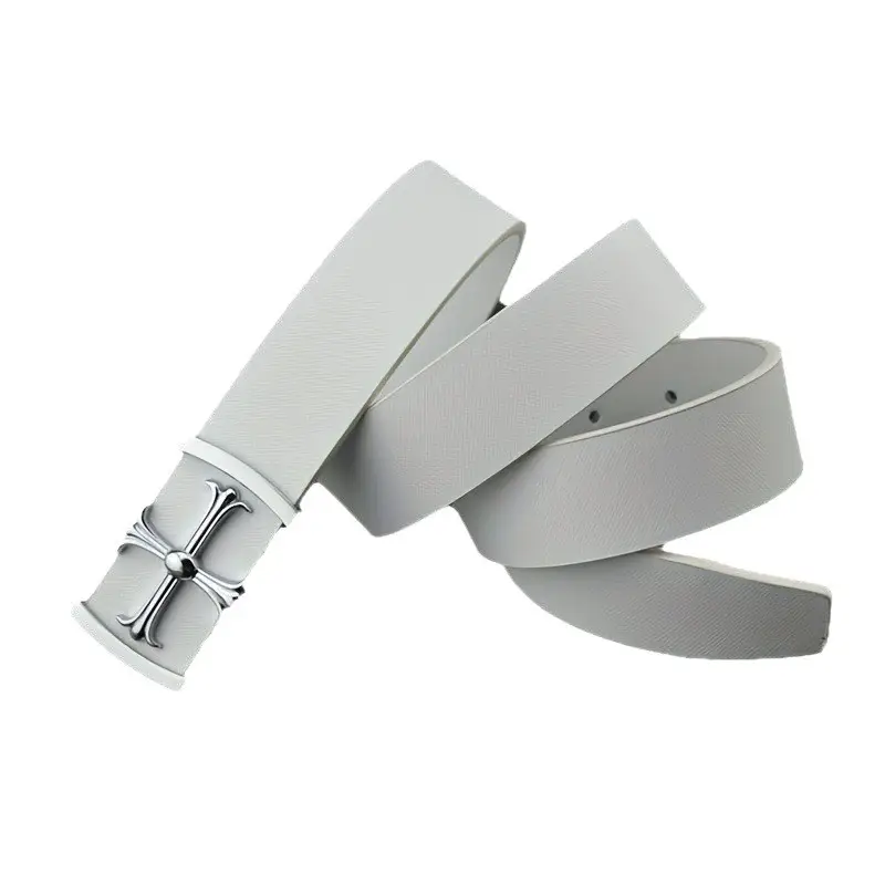 Classic Men's Genuine Leather Belt Black White Buckle - Image 7