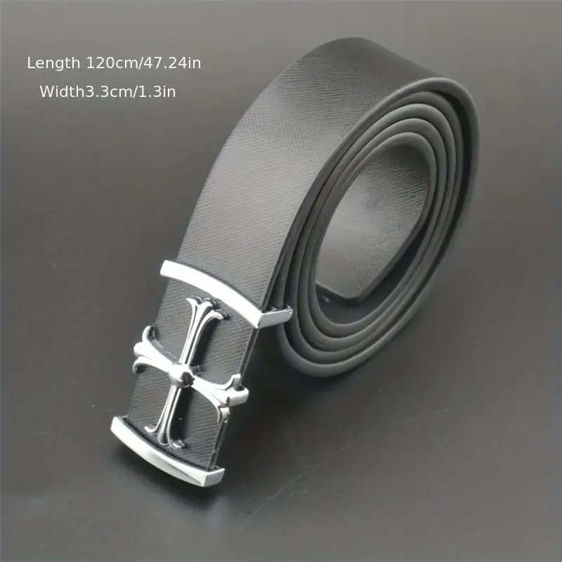 Classic Men's Genuine Leather Belt Black White Buckle — feature 2