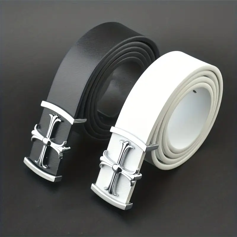 Classic Men's Genuine Leather Belt Black White Buckle — feature 5