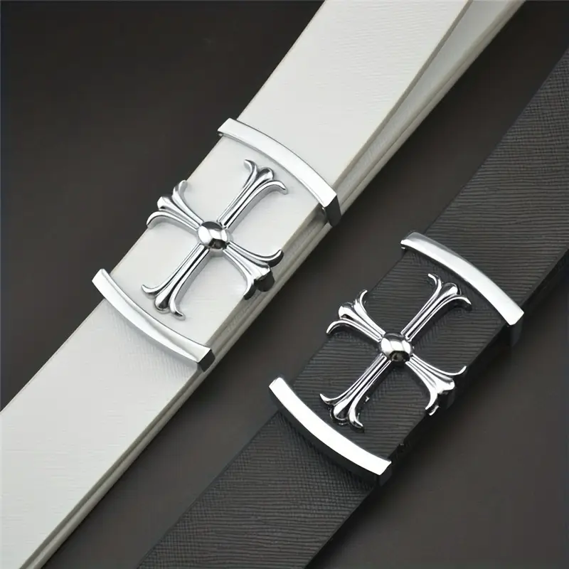 Classic Men's Genuine Leather Belt Black White Buckle — feature 6