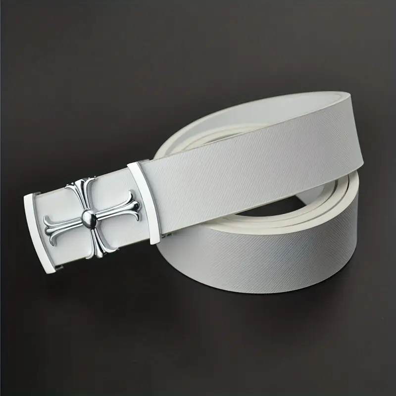 Classic Men's Genuine Leather Belt Black White Buckle — feature 7