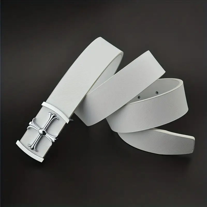 Classic Men's Genuine Leather Belt Black White Buckle - Image 2