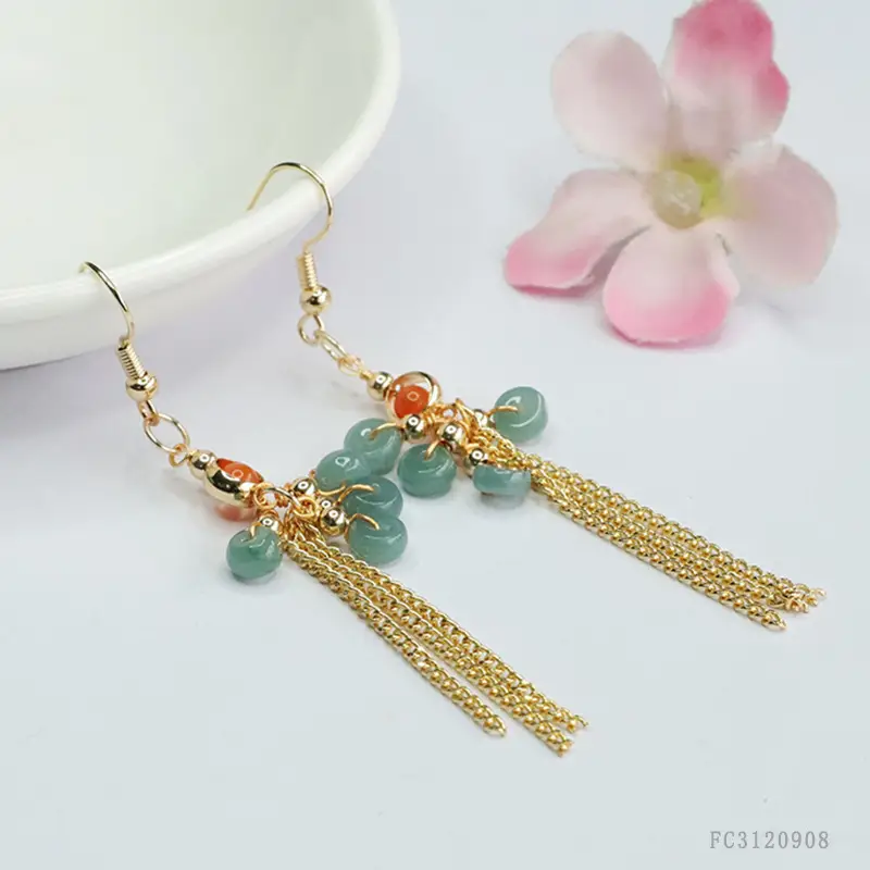 Guan Yu Natural Jade Earrings Blue Water Abacus Tassel Ear Hook - Image 3
