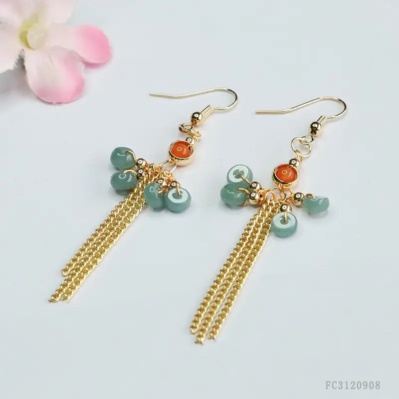 Guan Yu Natural Jade Earrings Blue Water Abacus Tassel Ear Hook — feature 5