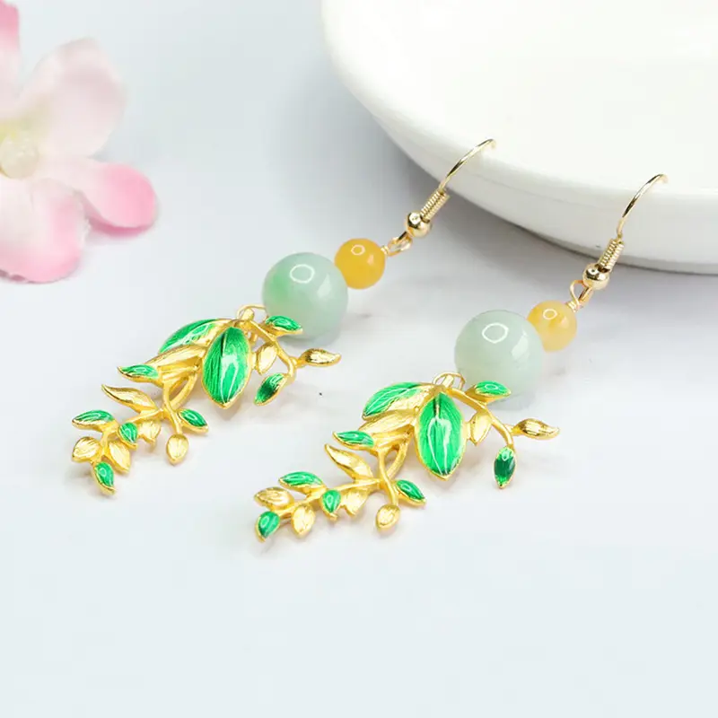 Jade Earrings with Green Enamel Leaf Design - Image 3