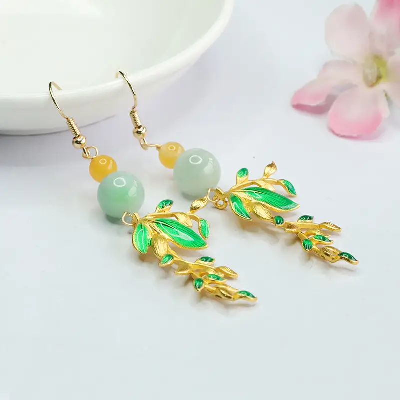 Jade Earrings with Green Enamel Leaf Design - Image 4