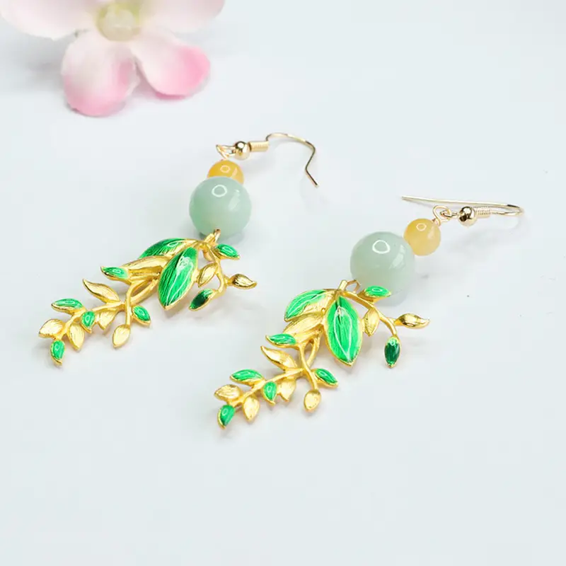 Jade Earrings with Green Enamel Leaf Design - Image 5