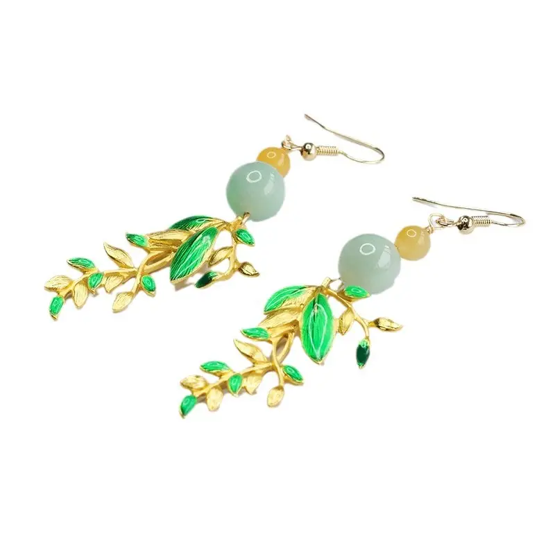 Jade Earrings with Green Enamel Leaf Design - Image 6